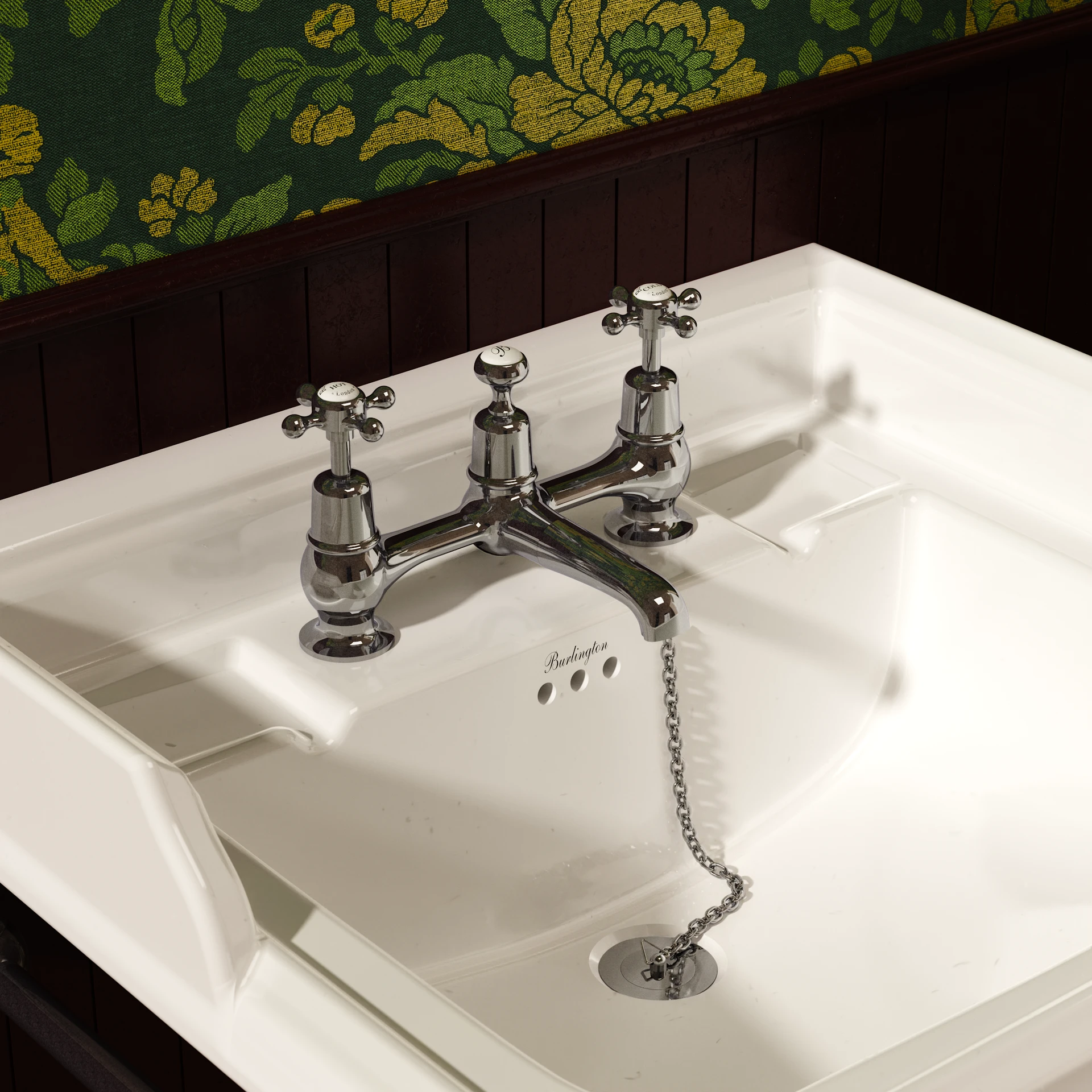 Claremont 2 Tap Hole Bridge Basin Mixer with Plug & Chain Waste & Swivel Spout
