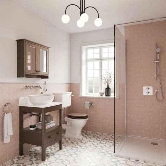 Timeless small bathroom with rich wood grain and natural texture