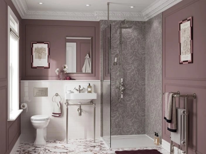 Dark blush walls freshly contrasting with white ceramics and Brushed Nickel brassware