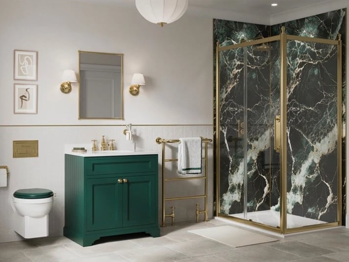 Sophisticated traditional bathroom paired with green and gold