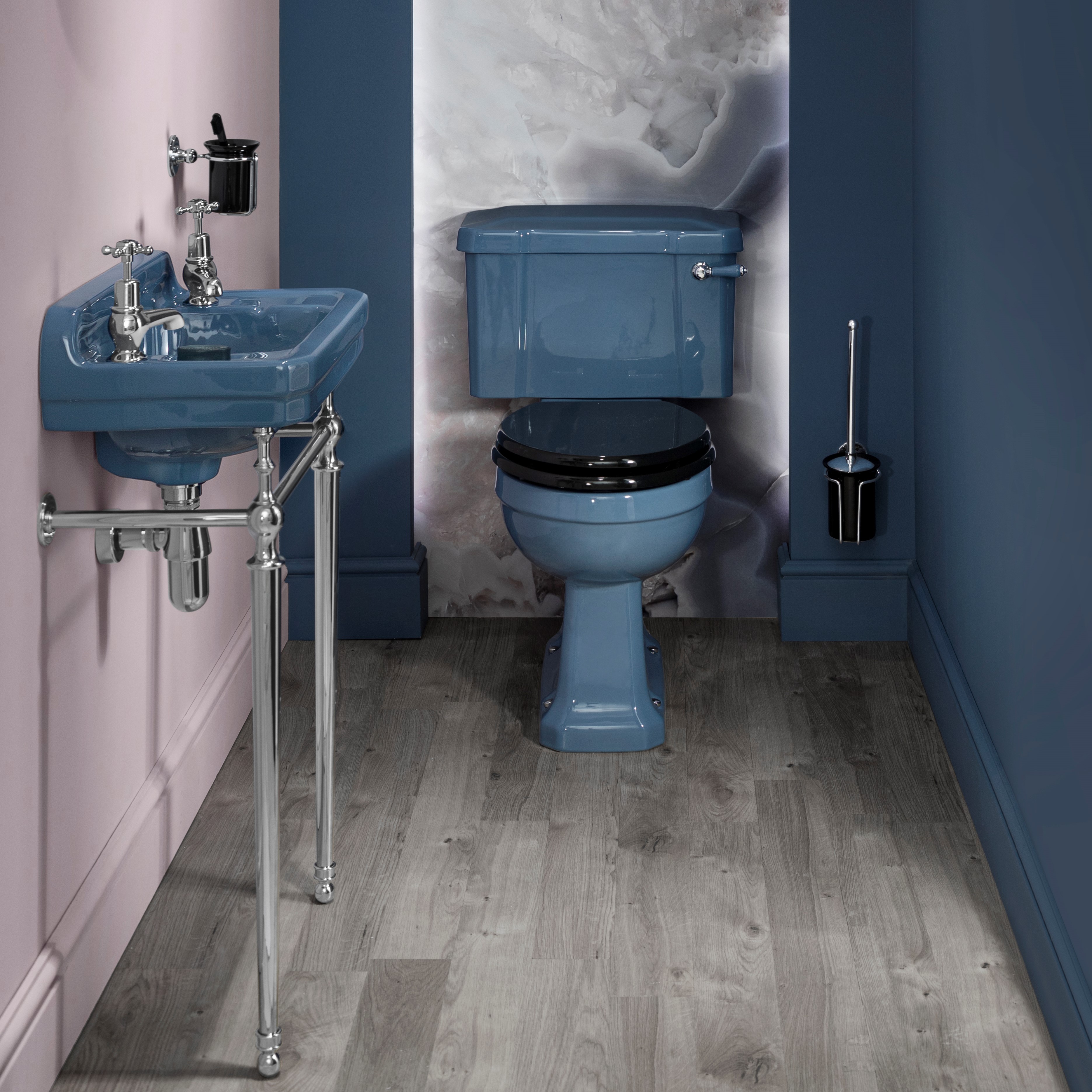 Bringing a traditional style into a modern bathroom design, the Alaska Blue finish on these bathroom ceramics perfectly complements the deep blue and pink walls to create a bold and stunning design. Edwardian Cloakroom Basin and Regal Close Coupled WC in Alaska Blue