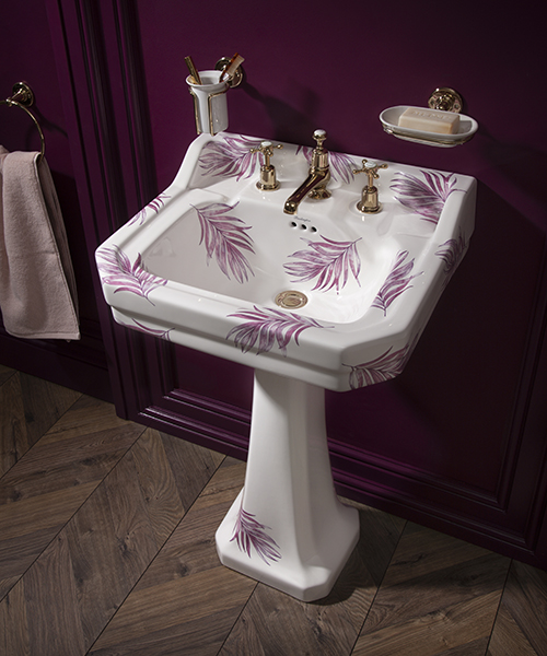 This close up of a white ceramic basin showcases the beauty of the floral design printed onto its surface. Bespoke by Burlington floral design basin