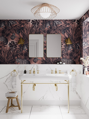 A white and brushed brass theme for this large rectangular basin allows the striking and dark purple design of the wall paper to take centre stage. Luxury bathroom ceramics in a dopamine decor inspired bathroom
