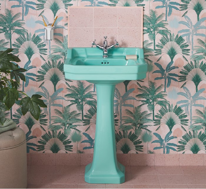 Bespoke by Burlington Cosmic Green basin as an example of Dopamine Décor interior design in the bathroom.