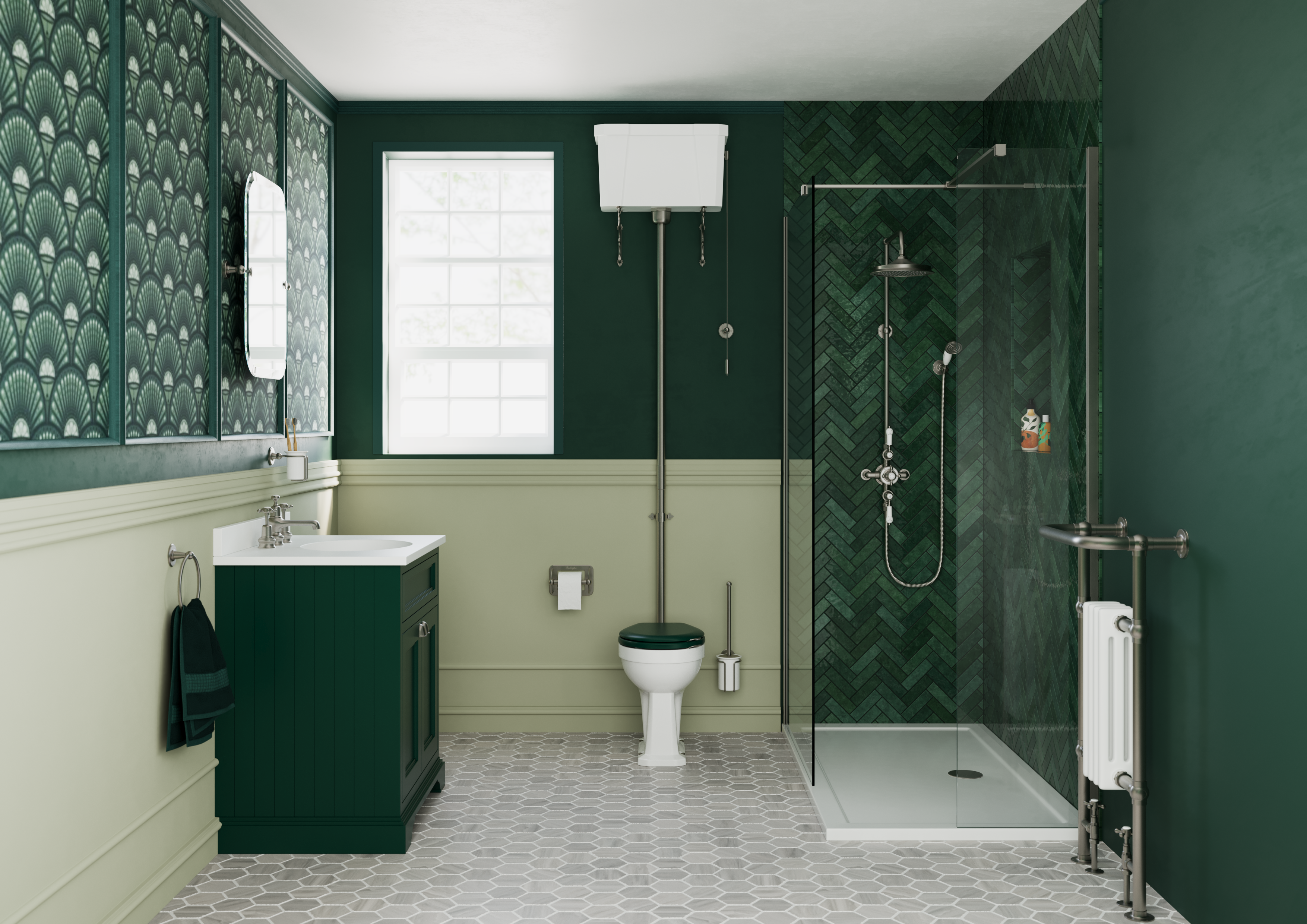 With an emerald green focus, this traditional bathroom is sophisticated and luxurious. Coupled with a dark green furniture unit and soft close toilet seat. Luxury green traditional bathroom design
