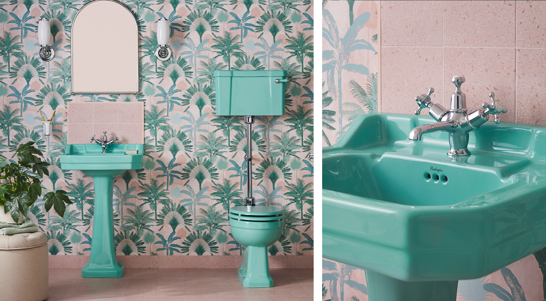 Bespoke by Burlington Cosmic Green basin as an example of Dopamine Décor interior design in the bathroom.