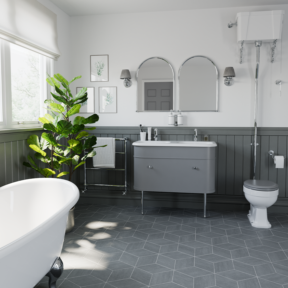 Adorn your traditional bathroom design with subtle Chrome accents for a beautiful and authentic bathroom Traditional Bathroom Design | A classic duo, Grey and Chrome make for an elegant authentic bathroom