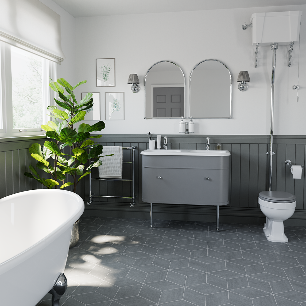 Traditional Bathroom Design | A classic duo, Grey and Chrome make for an elegant authentic bathroom