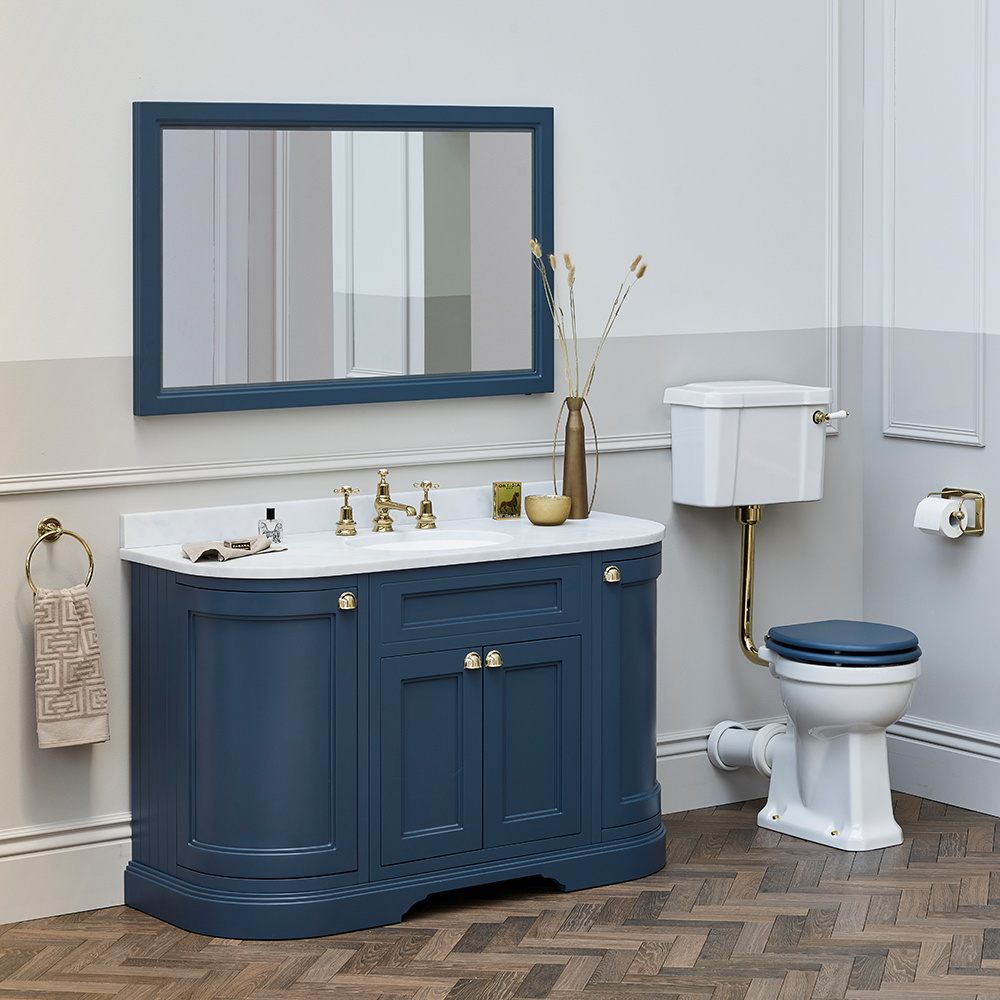 Featuring classically styled Gold bathroom accents, this space epitomises traditional bathroom design, complete with stunning Blue touches Traditional Bathroom Design | Create an authentic bathroom with traditional Gold bathroom accents