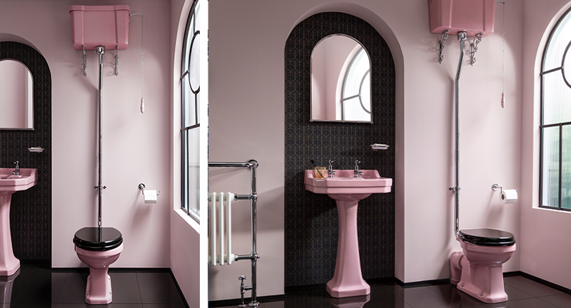 Modern Traditional Bathroom | Bringing an intense colour twist to a modern traditional bathroom, the Confetti Pink duo of Edwardian Basin and High Level Cistern WC bring a statement to modern classic bathroom designs. 