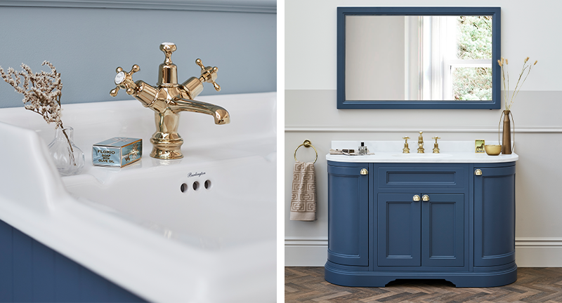 Classic Bathroom Design | An opulent choice, traditional tapware in Gold finish enhances a beautiful traditional bathroom.