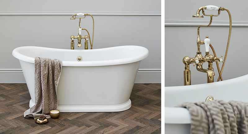 Classic Bathroom Design | For an elegant look that surrounds the bath, Gold traditional tapware such as a bath shower mixer makes the perfect accompaniment. 