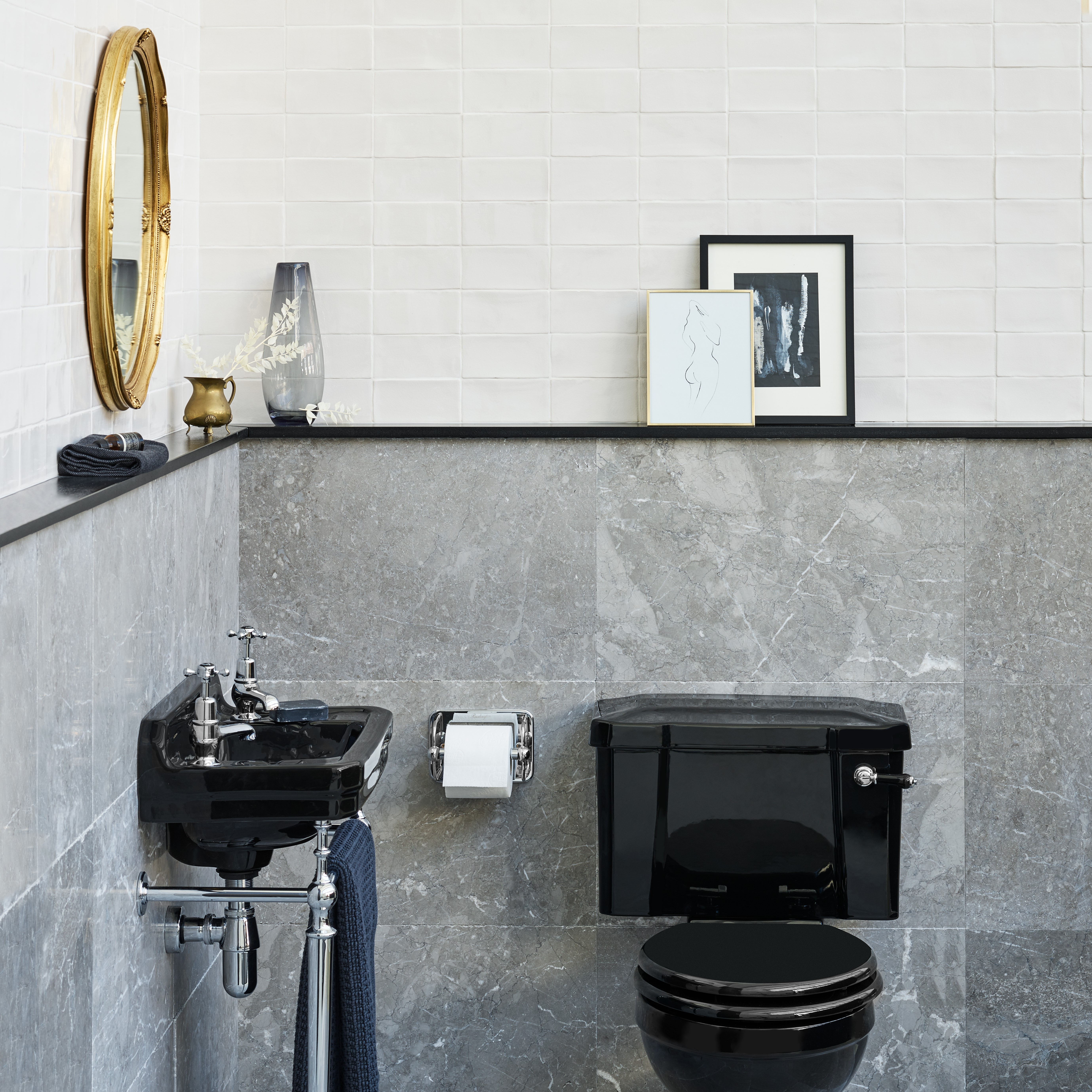 Edwardian Cloakroom Basin and Regal Close Coupled WC in Jet Black.