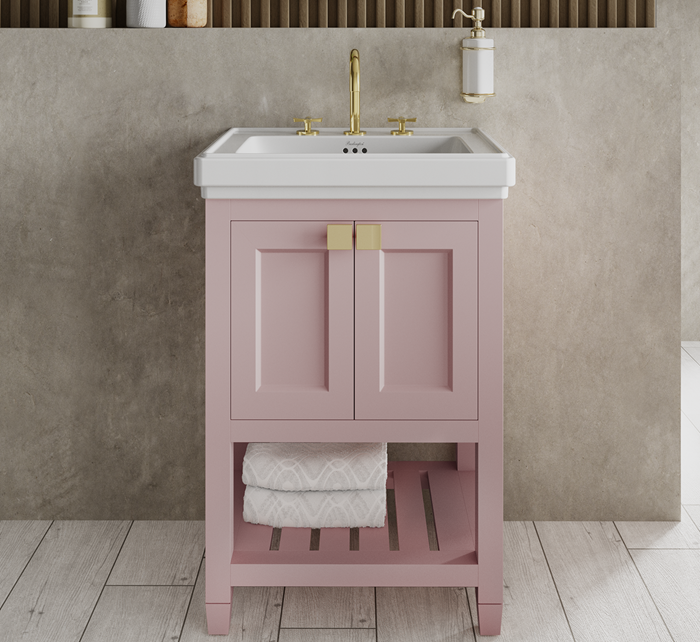 A light pink vanity unit as an example of Dopamine Décor interior design in the bathroom. with double doors, a square basin on top and an open storage space underneath